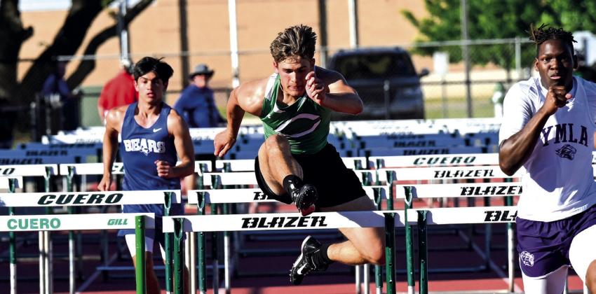 Jaxxon Marie clears the 110M hurdles, advancing to the area track meet.